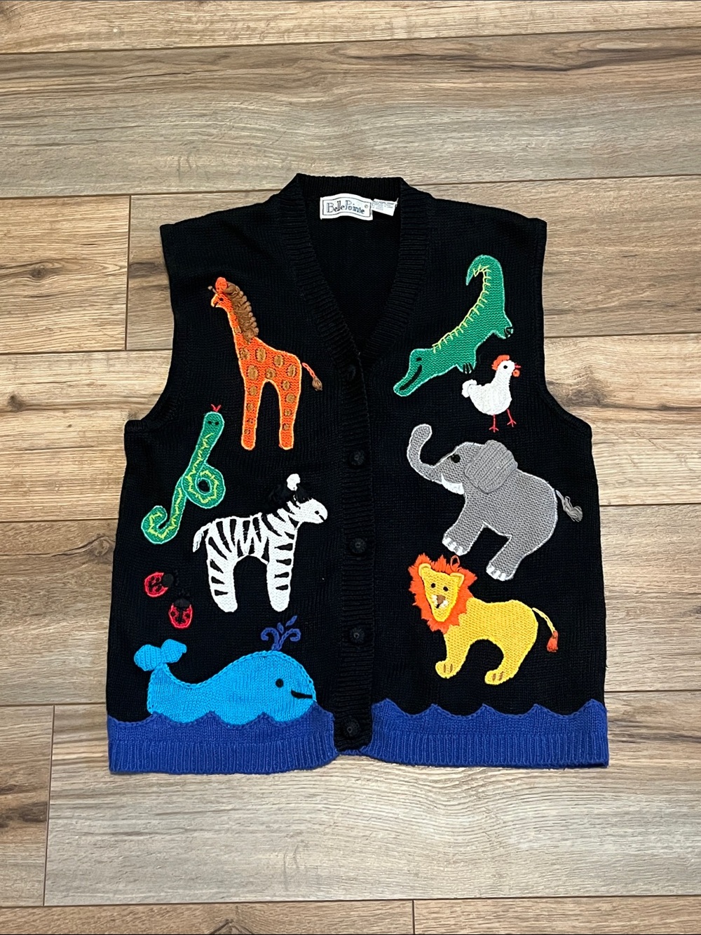 Belle Pointe Noah’s Ark Animal Appliqué Sweater Vest Black Size Medium